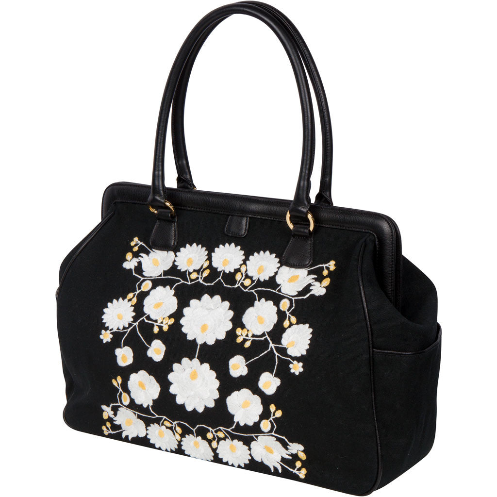 flower embroidered black diaper bag