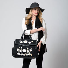 flower embroidered black diaper bag lifestyle image